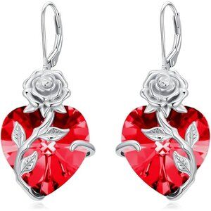 925 Sterling Silver July Ruby Rose Heart Drop Earrings NWT